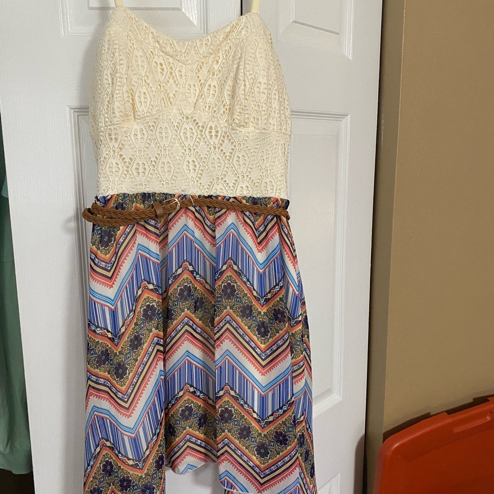 Asymmetrical bright tribal and lace dress